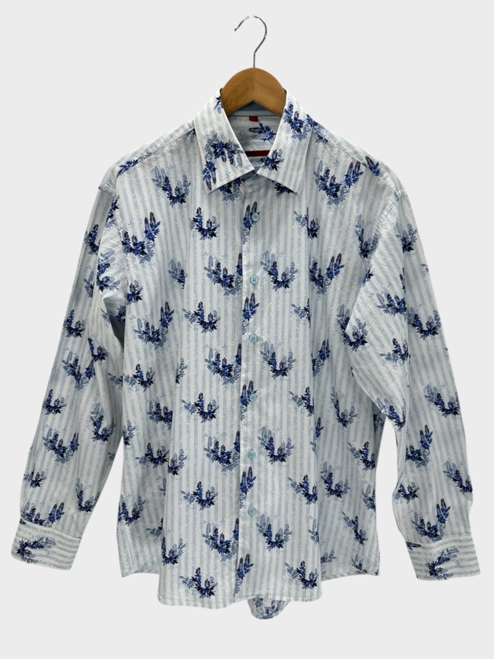 Lucciano Visconti Floral Button Down Shirt Blue White Striped Coastal Resort L